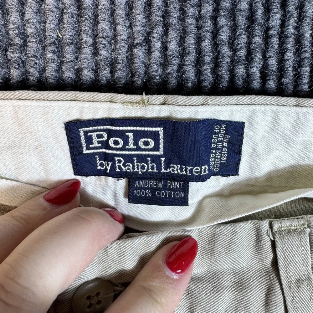 Polo Ralph Lauren Andrew Chino Pants 34x32 Vintage Baggy Khaki Beige Tan Pleated